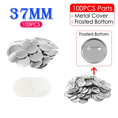 100 Sets Round Badge Pin Button Maker Machine - 25/32/37/44/58MM, DIY Punch Press Machine, Manual Badge Parts Consumables