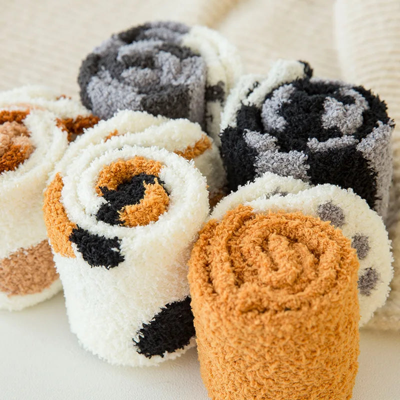 Women's Winter Warm Fluffy Socks - Cute Animal Claw and Cat Paw Prints, Thick Coral Fleece Home and Sleep Socks