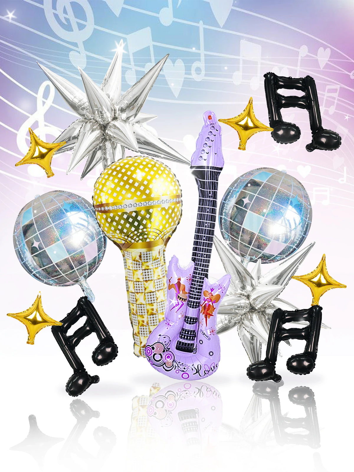 24-Piece Pop Music Party Balloon Set – Guitar, Microphone, Disco Ball, Musical Notes and Star Decorations