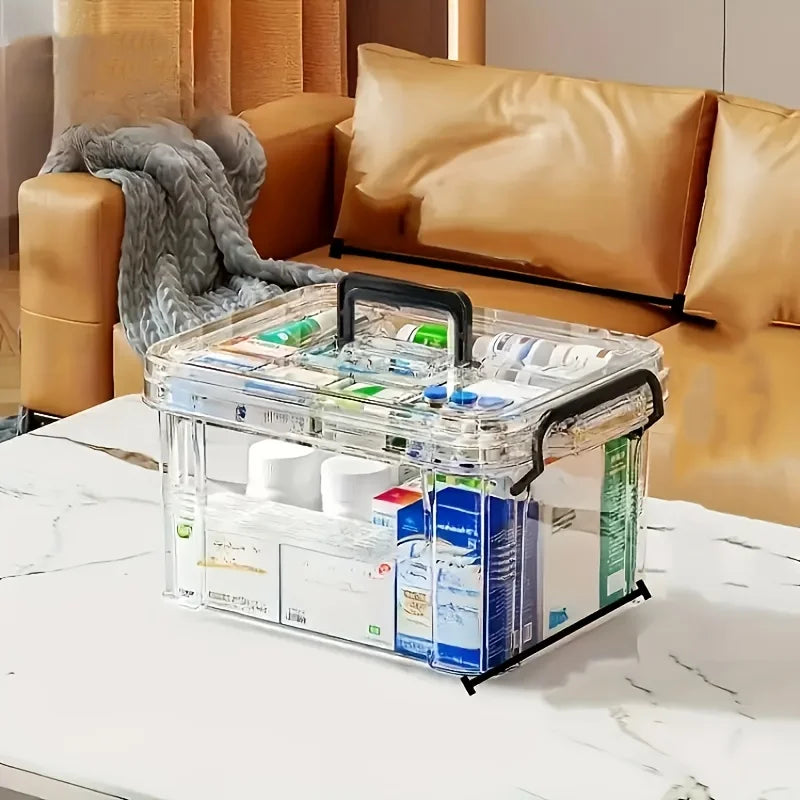 Large Capacity Double-Layer Medicine Organizer Box – Waterproof Transparent Storage Case for Home & Travel