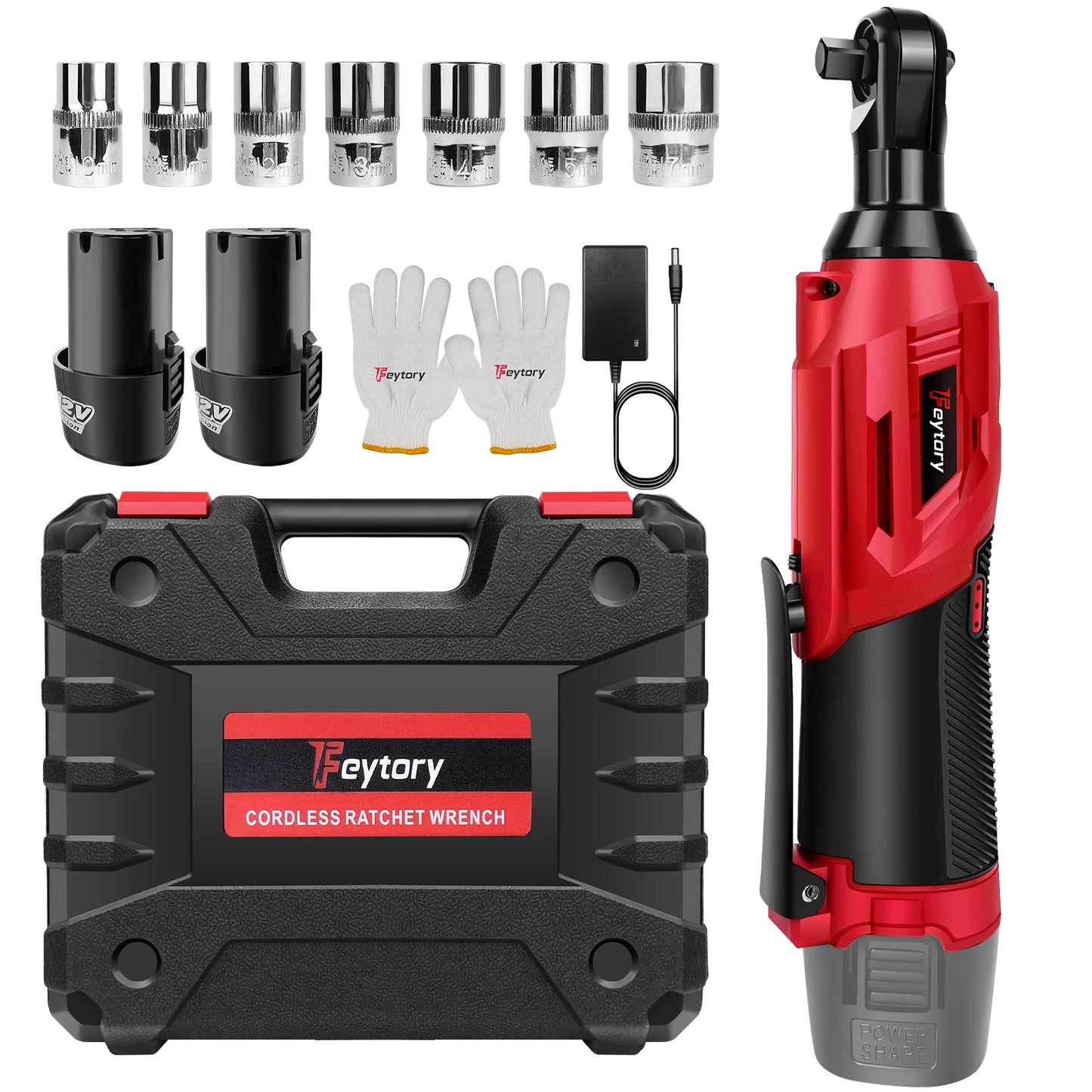 DayPlus 200NM 3/8" Cordless Electric Ratchet Wrench | 90° Angle 12V Power Tool with 2 Batteries, Charger & 7 Sockets