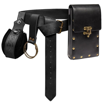 4PCS Medieval Cosplay Leather Belt Set – Copper Coin Waist Bag, Renaissance & Steam Role Playing Halloween Costume Accessories