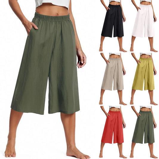 Women’s Casual Wide-Leg Pants – Lazy Style High-Waist Cropped Capris with Pockets, Lightweight & Loose Fit