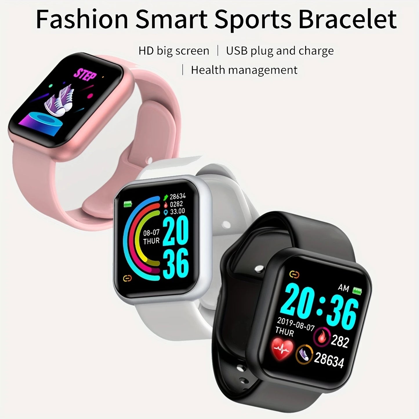 Smartwatch Fashion Sports Bracelet for Women & Men, Multi-Function USB Charging, Compatible with Xiaomi & Huawei