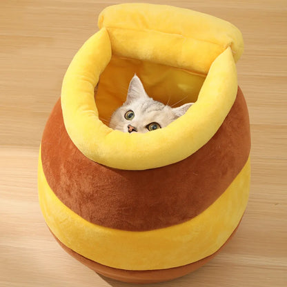 Honey Jar Shape Cat Bed House - Removable Plush Mat for Cats, Four Seasons Cushion Basket - Machine Washable Pet Accessories
