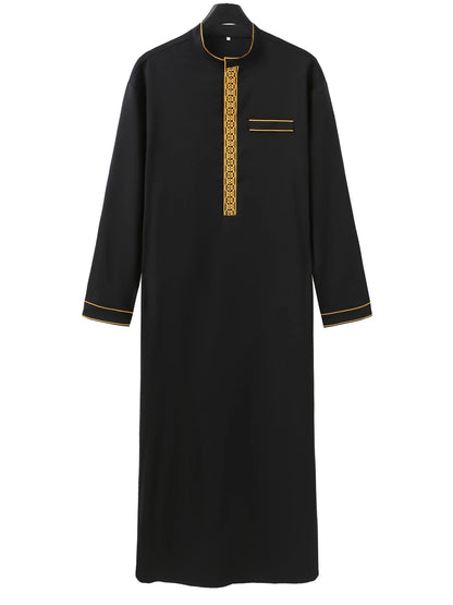 Men’s Embroidered Arabian Thobe - Traditional Islamic Long Sleeve Robe with Stand Collar