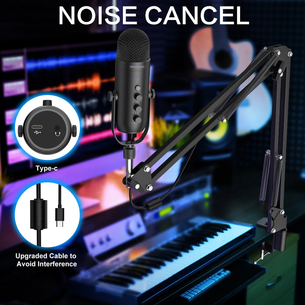 Haomuren Professional USB Podcast Microphone Kit – Cardioid Condenser Mic with Boom Arm for Streaming, Recording, and YouTube