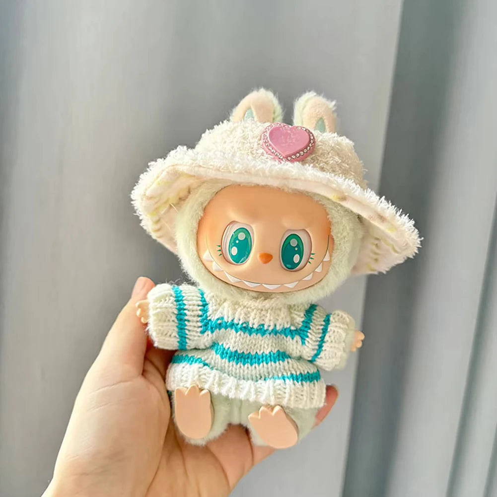 Mini Doll Clothes Outfit Set – 15-17cm Labubu V1-V3 Uniform Skirt, Sweater & Sunglasses Accessories
