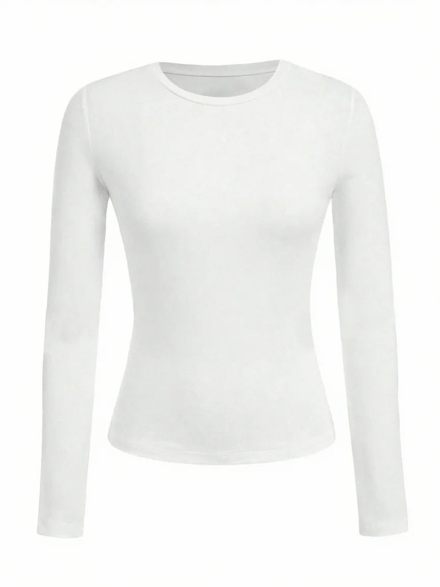 Women's Solid Color Long Sleeve T-Shirt – Round Neck Knitted Polyester Regular Fit Fall Winter Top