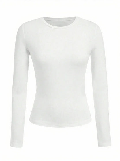 Women's Solid Color Long Sleeve T-Shirt – Round Neck Knitted Polyester Regular Fit Fall Winter Top