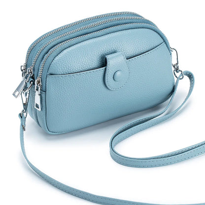 Real Leather Women’s Shoulder Bag - Mini Crossbody Purse with Three Zipper Pockets