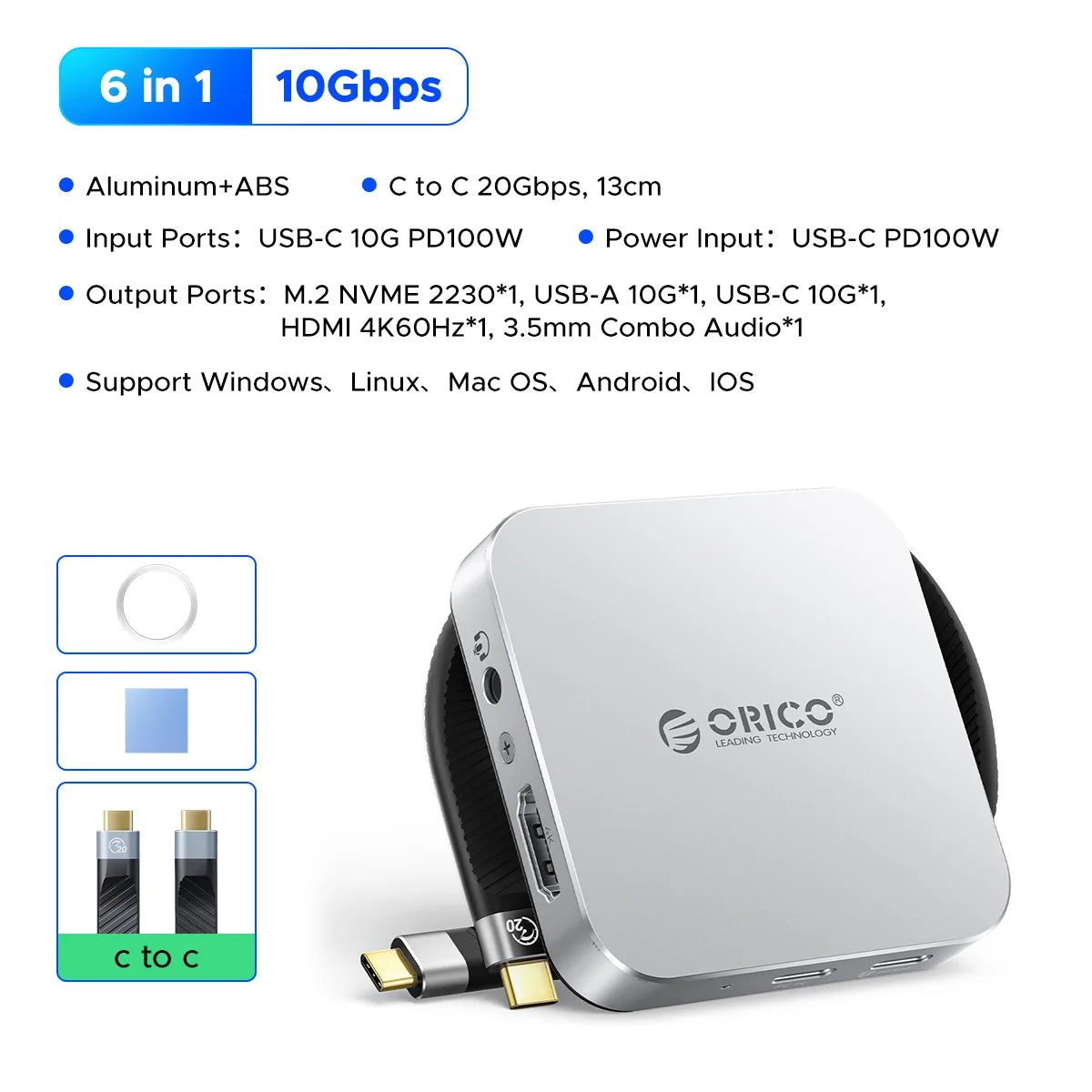 ORICO 10Gbps M.2 2230 NVMe SSD Enclosure – USB-C 4K60Hz Dock with SD/TF Reader & 100W PD Charging Station for iPhone