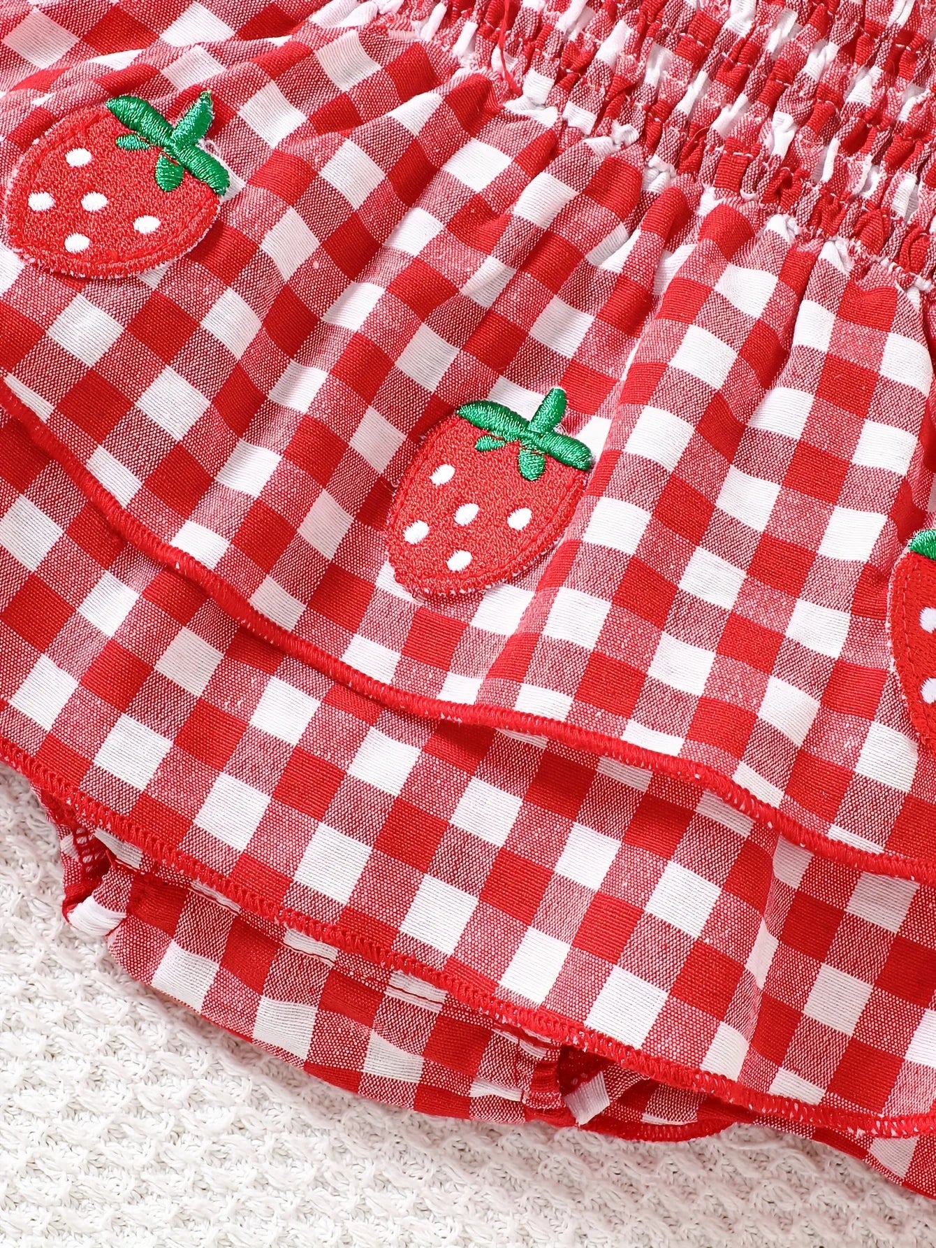 Baby Girl Strawberry Gingham Smocked Romper Dress – Tie-Strap Summer One-Piece with Stretchy Bodice & Layered Skirt