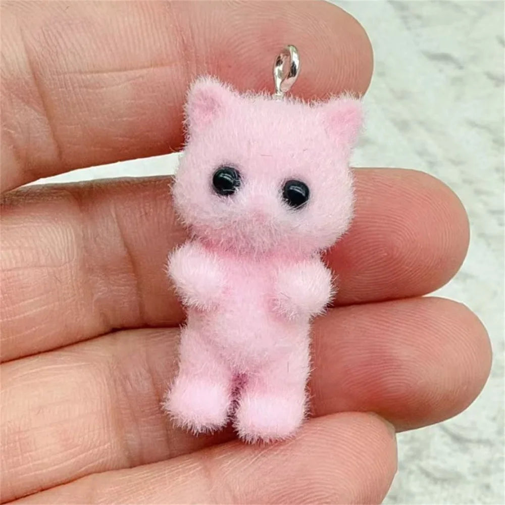 4-Piece Kawaii 3D Flocking Cat Charms - Colorful Resin Animal Pendants for Keychains, Necklaces & DIY Jewelry Making