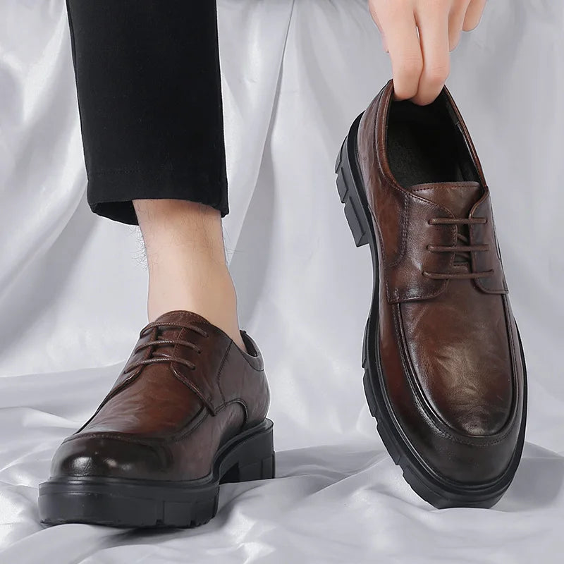 Men’s Cow Leather Dress Shoes with Platform Heel - British Style Casual Wedding & Groom Shoes, Breathable Fashion Formal Footwear