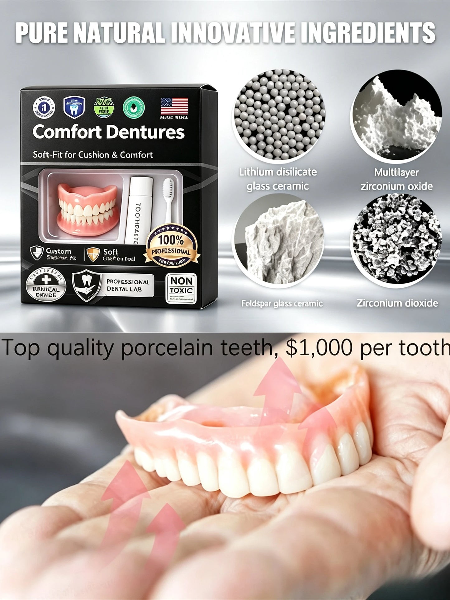 Adjustable Temporary Full Denture Set - Comfortable Natural-Look Cosmetic Teeth
