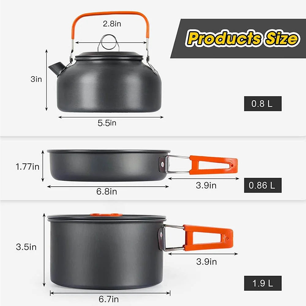 Camping Cookware Set — Non-Stick Cooking Pots, Teapot & Travel Tableware for 2-3 People, Outdoor Picnic Set