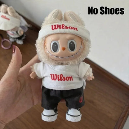 Labubu 15-17cm Doll Sports Outfit – LA Baseball & Trendy Tennis/Badminton Clothing, T-Shirt & Cargo Pants Set