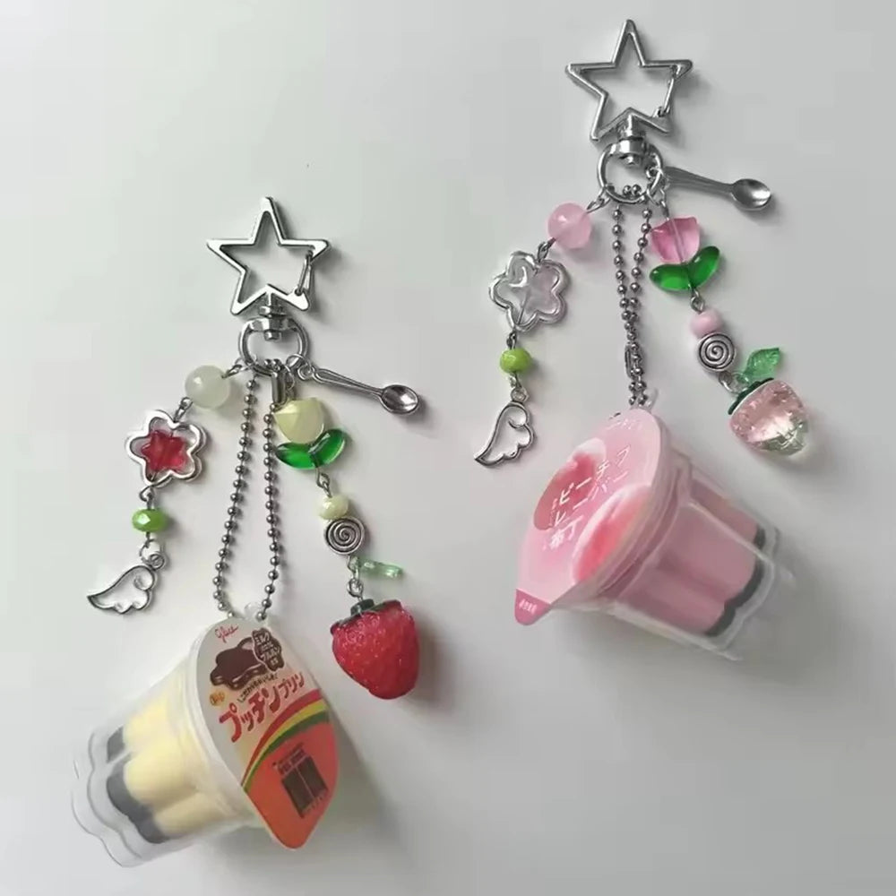 Pudding Keychain - Y2K Retro Egg Flan Charm Beaded Pendant for Bags Phone & Cosplay Accessories
