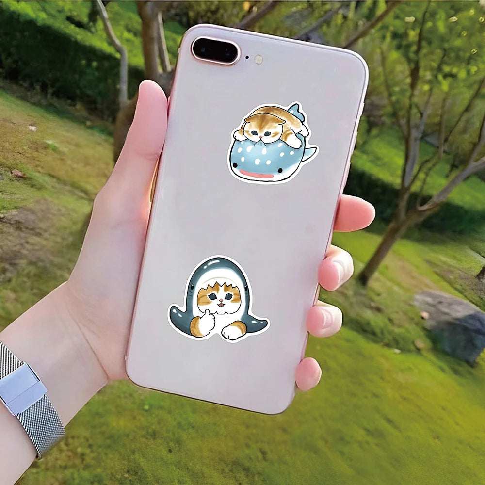 10/30/50PCS Cute Shark and Cat Stickers - Fun Cartoon Decals for Suitcases, Scrapbooks, Laptops, Phones, and Stationery