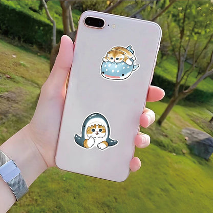10/30/50PCS Cute Shark and Cat Stickers - Fun Cartoon Decals for Suitcases, Scrapbooks, Laptops, Phones, and Stationery