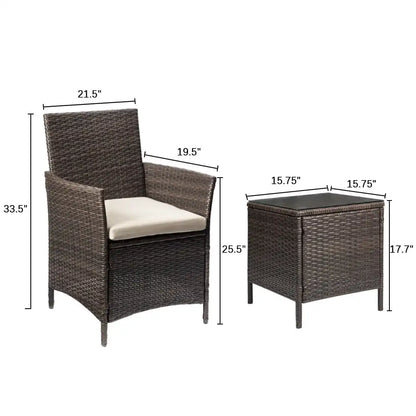 3-Piece Outdoor Patio Furniture Set – PE Rattan Wicker Bar Table & Chairs with Cushions & Tempered Glass, Brown/Beige