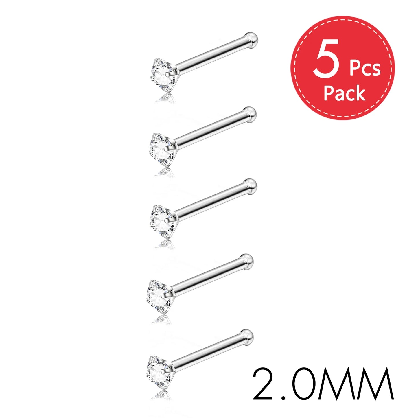 5PCS Stainless Steel Nose Ring Studs — Crystal Nostril Piercing Jewelry for Women & Girls, 1.5/2.0/2.5/3.0mm, 20G
