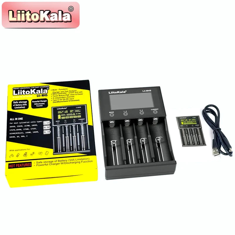 LiitoKala Lii-M4/Lii-M4S Battery Charger – 5V Plug (EU/AU/UK/US) for 3.7V Li-Ion & 1.2V AA/AAA/C Batteries (18650, 26650, 21700, 14500, 18350, 17500)
