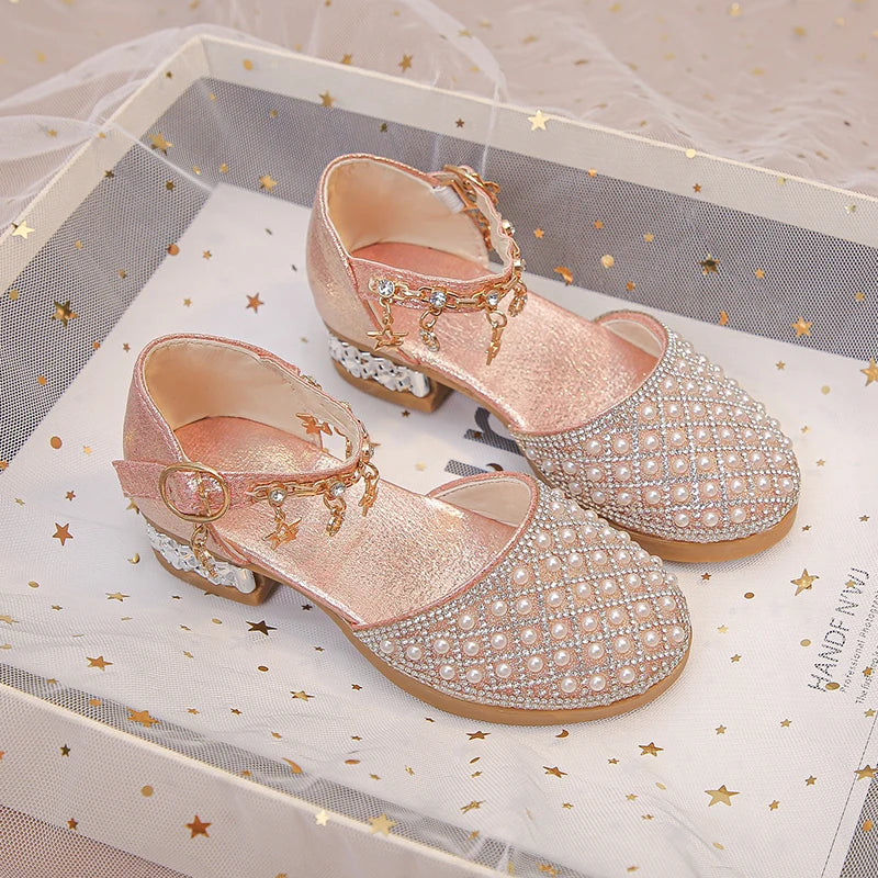 Girls’ Glitter High Heel Dress Shoes – Rhinestone Pendant Princess Shoes for Wedding & Party