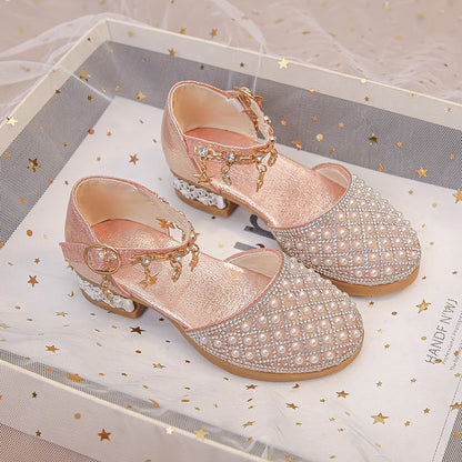 Girls’ Glitter High Heel Dress Shoes – Rhinestone Pendant Princess Shoes for Wedding & Party
