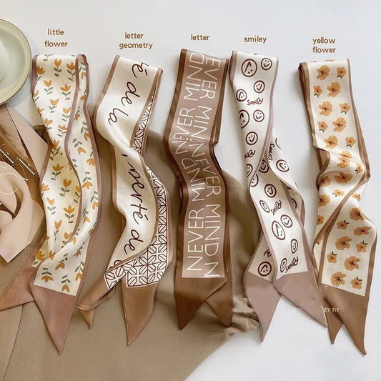 High-Grade Khaki Nude Silk Scarf Hair Band – Vintage Satin Ribbon Tied-Up Hair Accessories with Long Bow