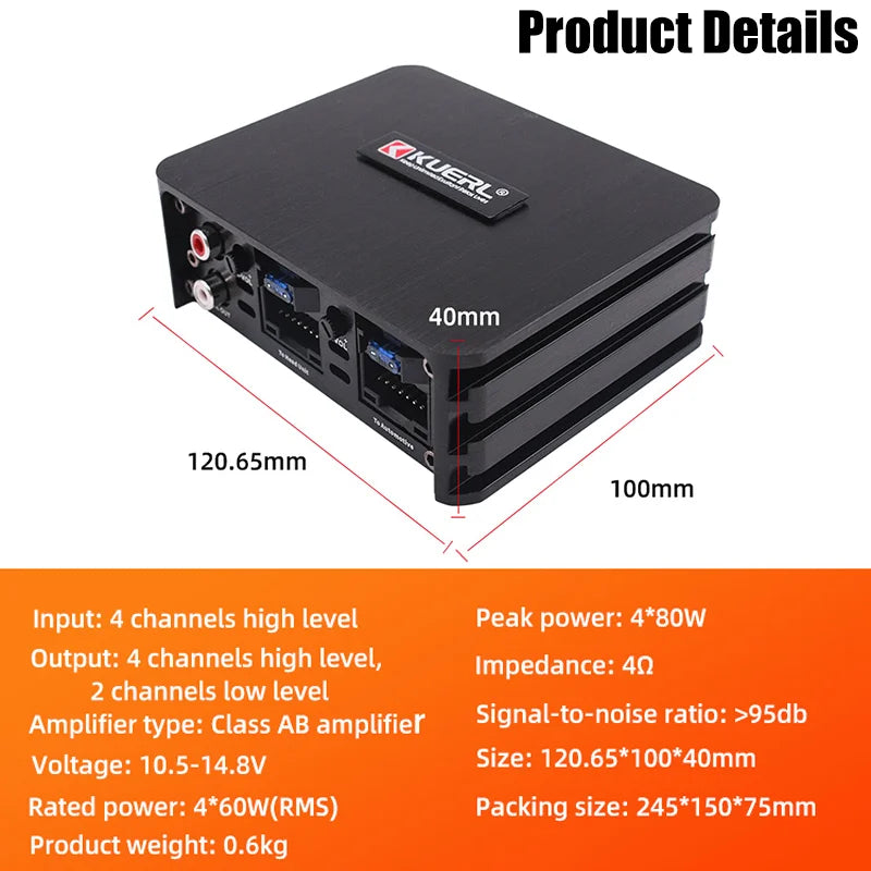 Class AB 4x60W Car Power Amplifier – Non-Destructive Installation DSP for Android Large Screen Car Audio Speakers