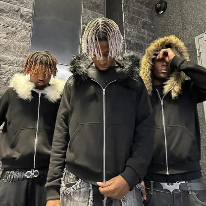 Y2K Zip-Up Hoodie with Faux Fur Collar – Harajuku Rock Goth Retro Punk Loose Jacket for Hip Hop Streetwear