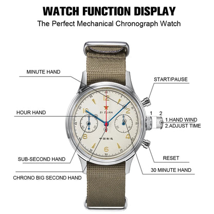 RED STAR 38mm Men's 1963 Chronograph Mechanical Watch – Pilot Air Force Aviation with Seagull ST1901 Movement & Sapphire Glass
