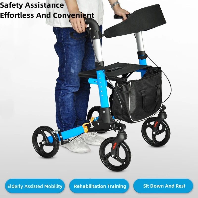 Elderly Disabled Rehabilitation Rollator Walker – Aluminum Alloy Folding Pulley Walking Aid for Home Mobility Training
