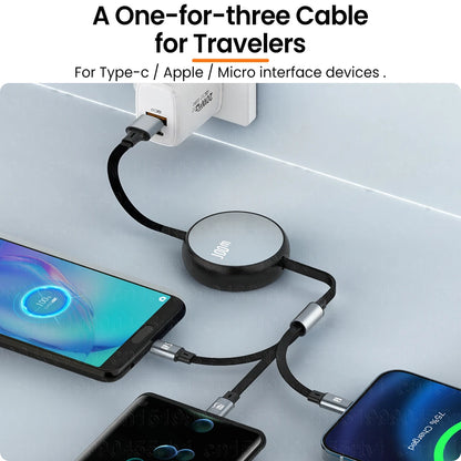 3-in-1 Retractable USB Cable: Fast Charge & Data Transfer for iPhone 14/13/12 Pro Max, Huawei - Supports 8-pin, Type C, Micro Connections