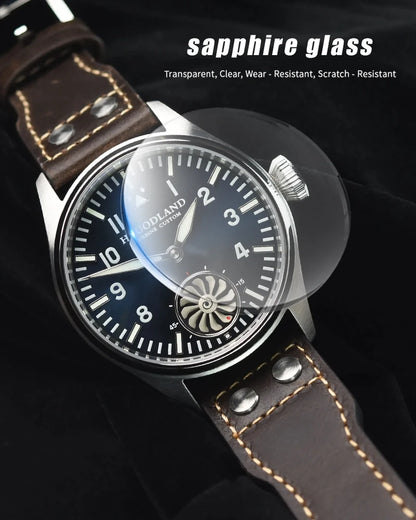 Hruodland 43MM Pilot Men’s Manual Mechanical Watch — Sapphire Crystal, BGW-9 Night Light, Turbine Design, Waterproof 5Bar