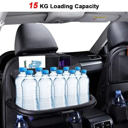 PU Leather Car Seat Back Organizer – Auto Storage Bag with Foldable Table Tray, Tablet Holder, and Tissue Box Pockets