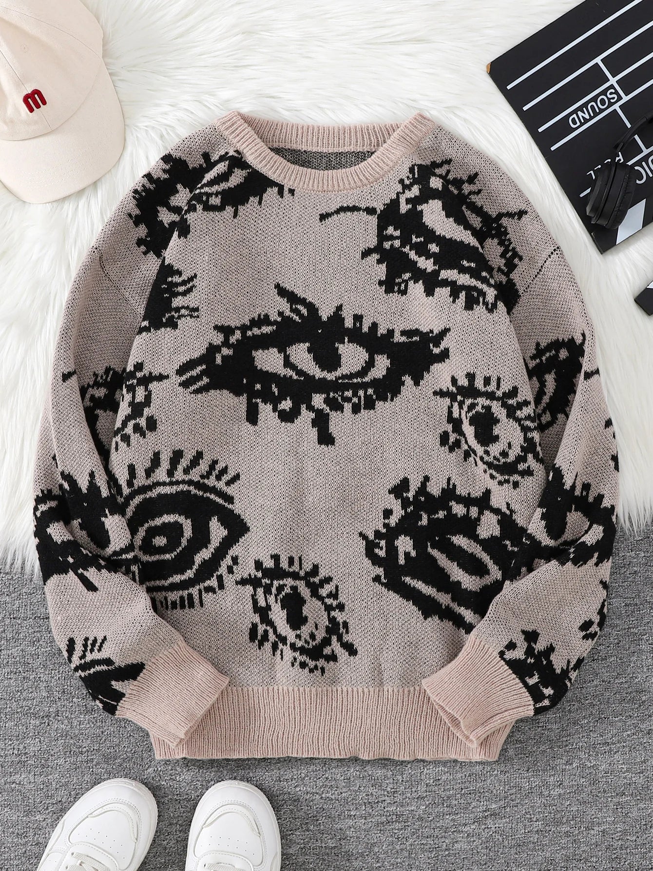 Men's Abstract Eye Jacquard Sweater - Round Neck Knitted Autumn Winter Casual Pullover Top