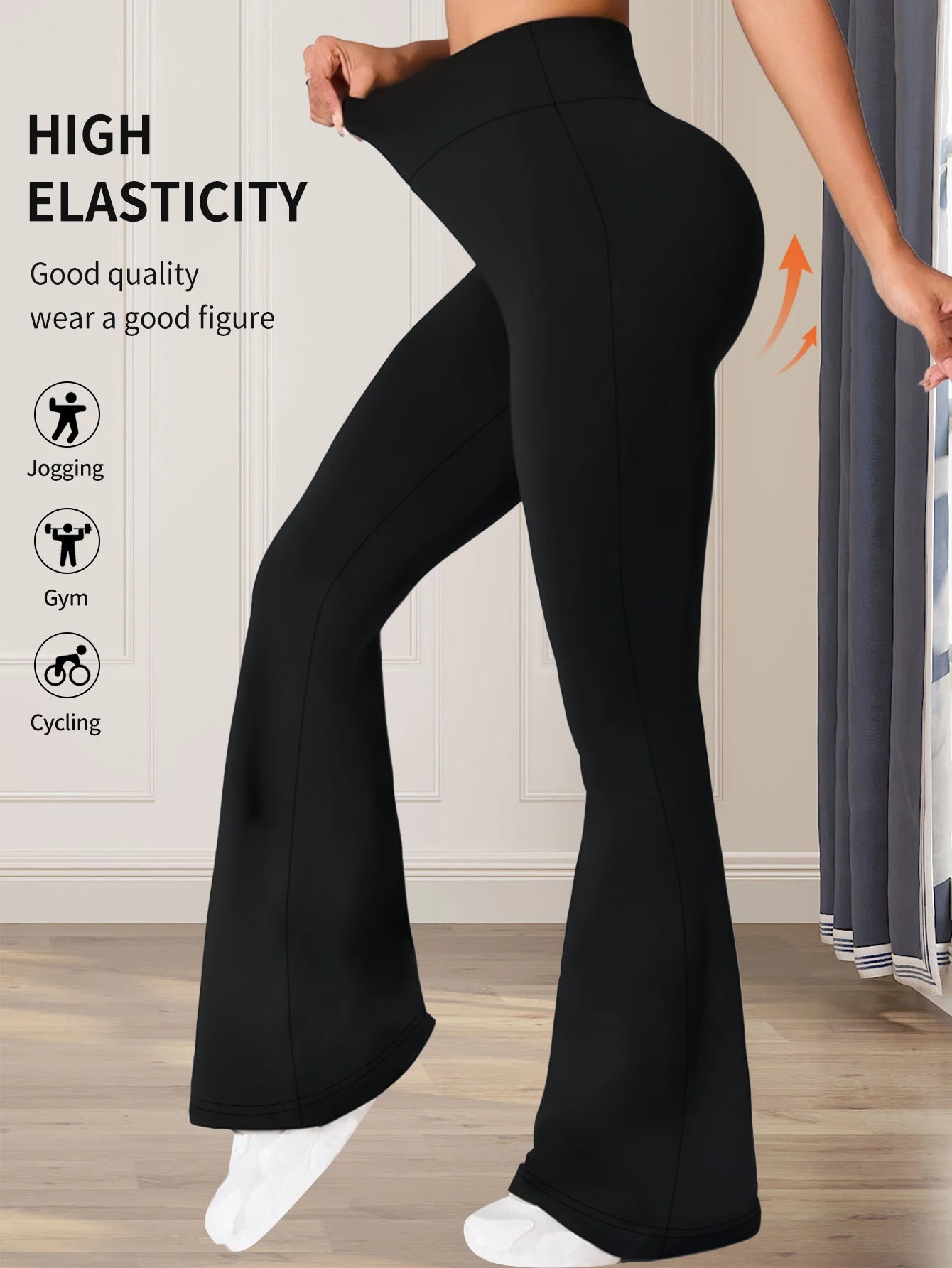 Women's High-Waisted Flared Pants - Slim-Fit Lightweight Wide-Leg Black Trousers