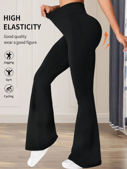 Women's High-Waisted Flared Pants - Slim-Fit Lightweight Wide-Leg Black Trousers