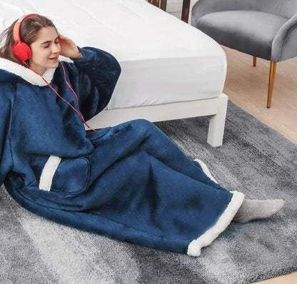 2024 Oversized Flannel Blanket Hoodie – Super Long Fleece Pullover with Sleeves for Winter
