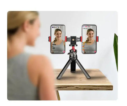 360° Rotatable Dual Phone Holder – Clip Clamp with 4 Cold Shoes & 1/4” Screw for Tripod, Selfie Stick, Vlog & Live Streaming
