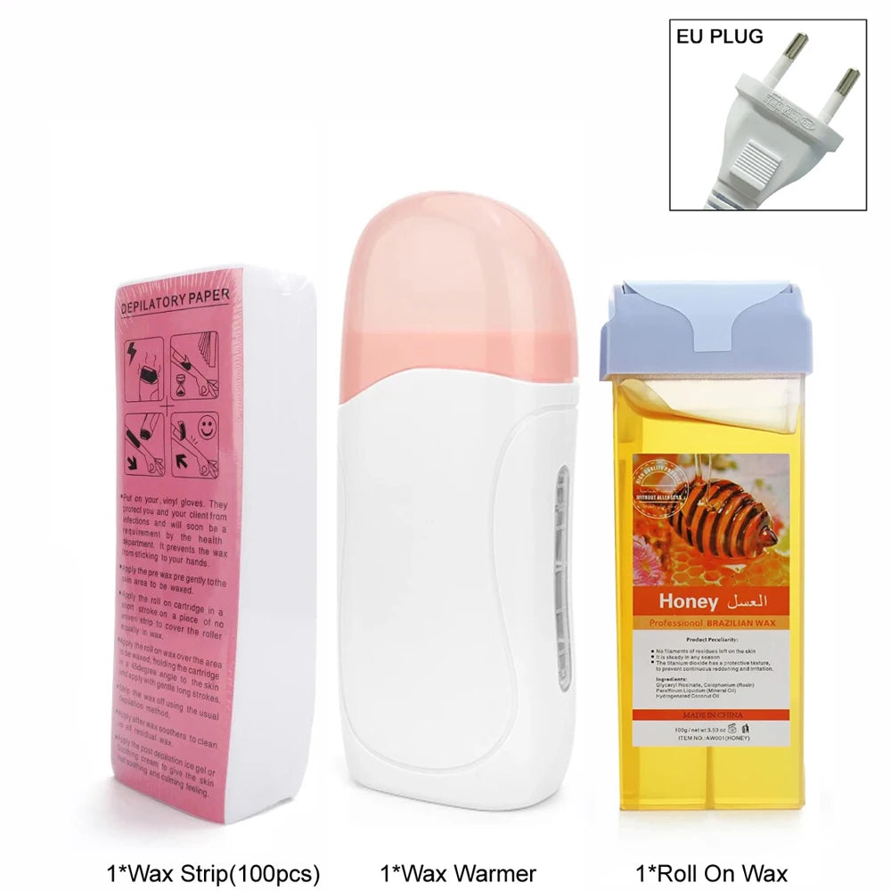 Unisex Hot Roll-On Wax Hair Removal Kit with Depilatory Cream, Wax Heater & Cartridge Warmer – Professional Waxing Set