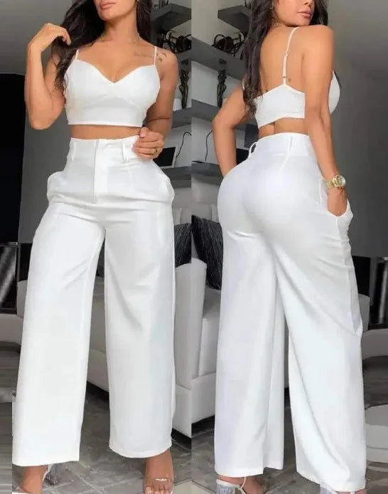 CM.YAYA Women’s 2-Piece Set – Spaghetti Strap V-Neck Crop Top & Wide Leg Pants, Party Tracksuit 2024