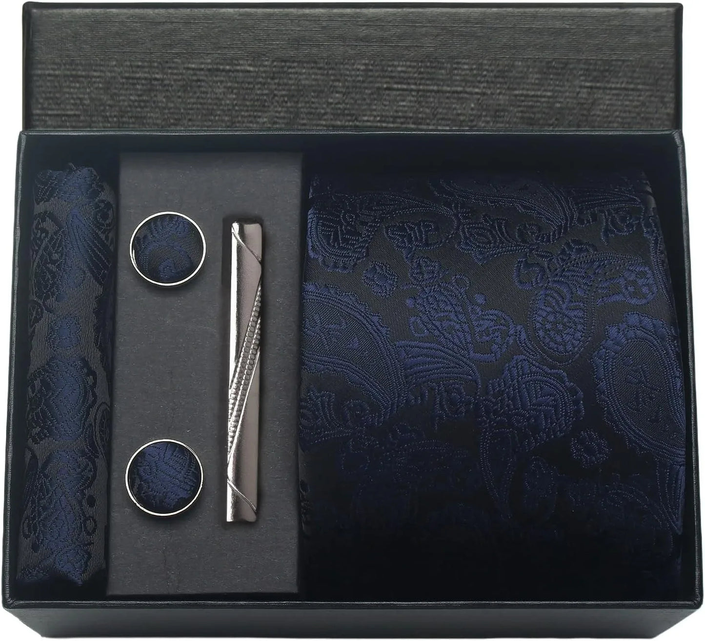 100% Silk Men’s Necktie Set with Paisley Floral Design, Business Tie with Pocket Square, Tie Clip & Cufflinks Gift Box Set for Men