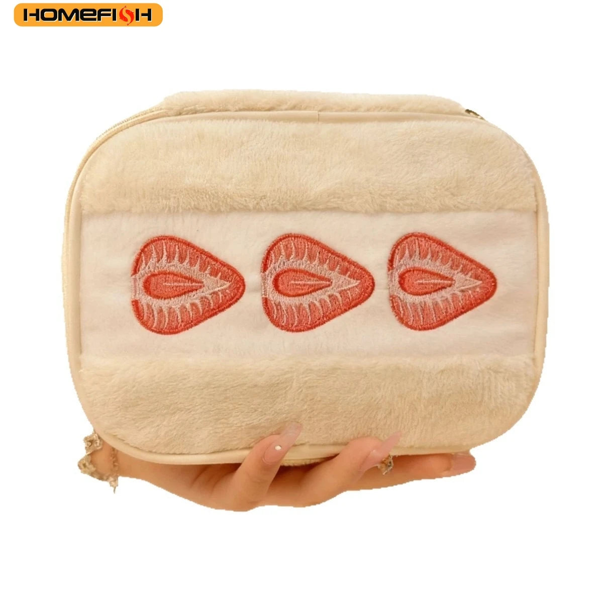 HOMEFISH Strawberry Plush Makeup Bag - Cute Embroidered Multi-Function Cosmetic Storage Pouch for Women