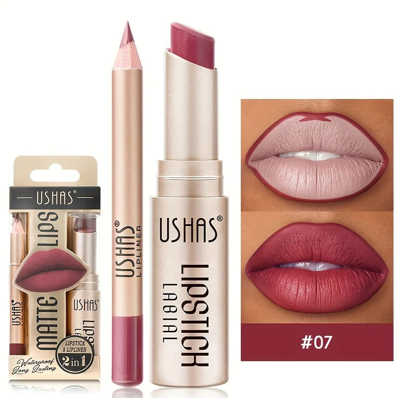USHAS 12-Color Matte Lipstick & Lip Liner Set – Long-Lasting, Waterproof, Non-Stick Easy Coloring Lip Makeup Kit
