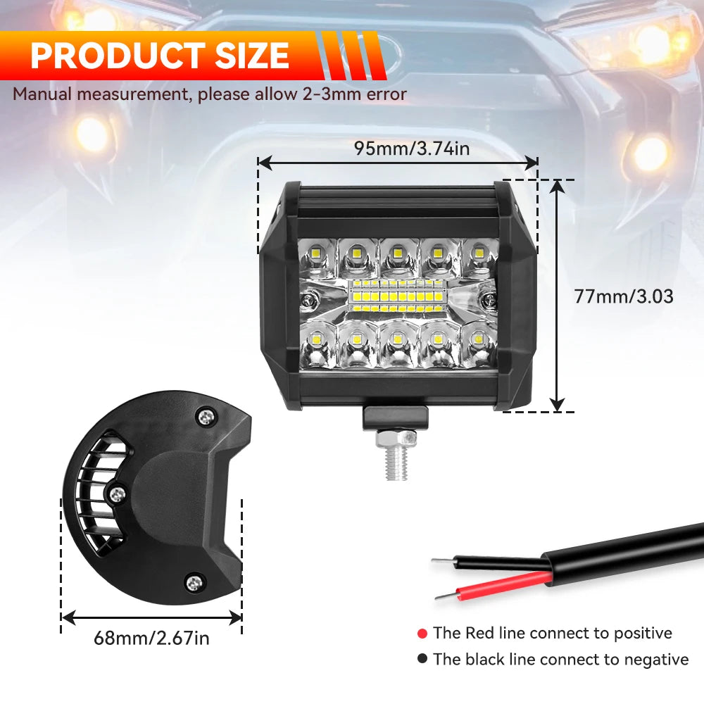 4" / 7" LED Work Light Bar 144W/120W Spot Flood Combo – Off-Road Lighting for Car, Tractor, Boat, Truck, SUV & ATV Repair & Utility Use