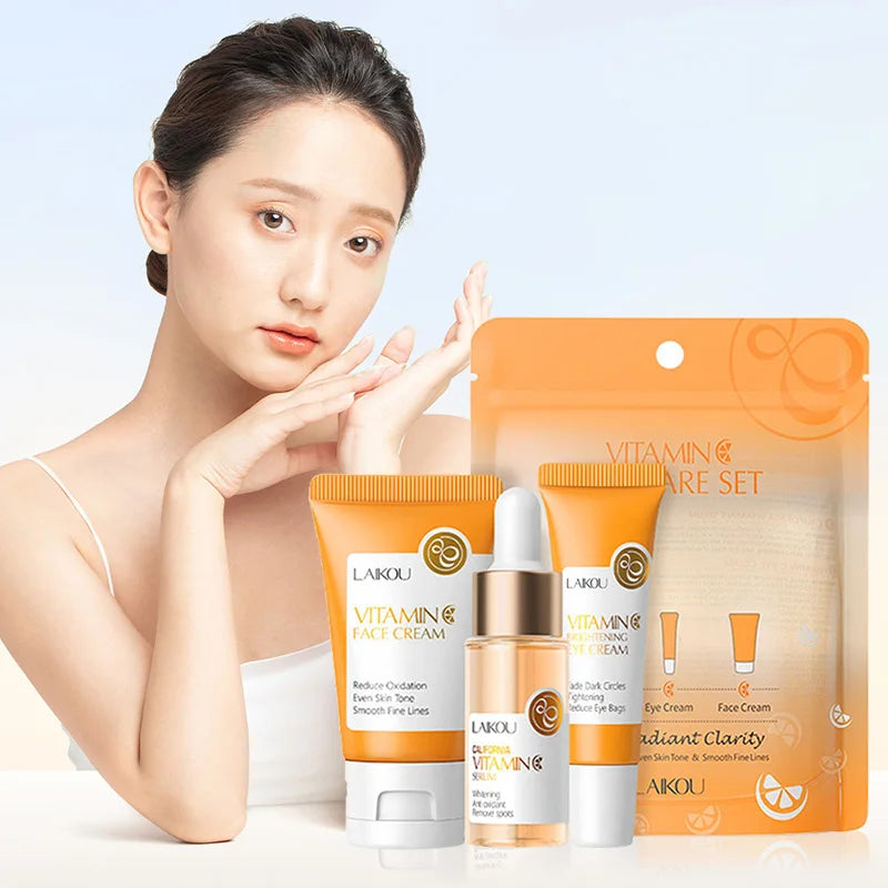 LAIKOU Vitamin C Skin Care Set - Face Cream, Serum & Eye Cream Moisturizing Anti-Wrinkle Facial Care Kit